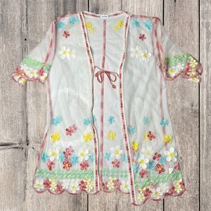 Wowo Women's Multicolor Embroidered Floral Mesh Scalloped Top Small NWOT